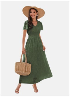 يونيكي Olive Green Self Design V-Neck Flared Sleeves Gathered Maxi Dress  - Image 3