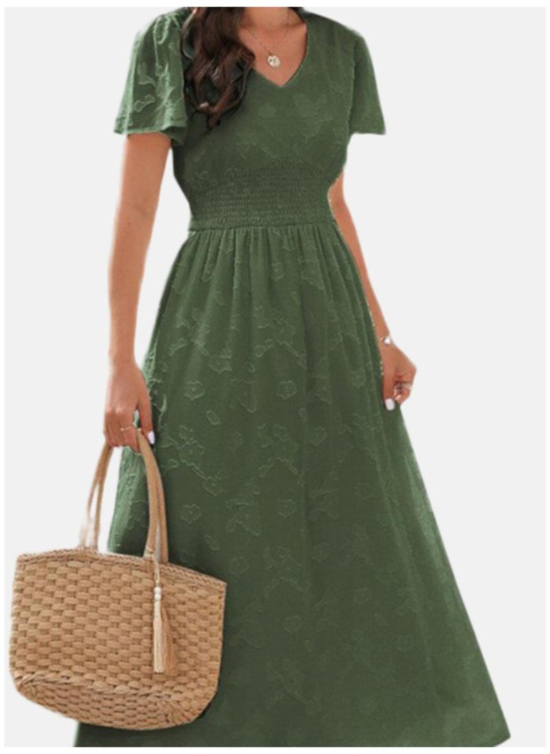 YUNIQEE Olive Green Self Design V-Neck Flared Sleeves Gathered Maxi Dress  - Image 2