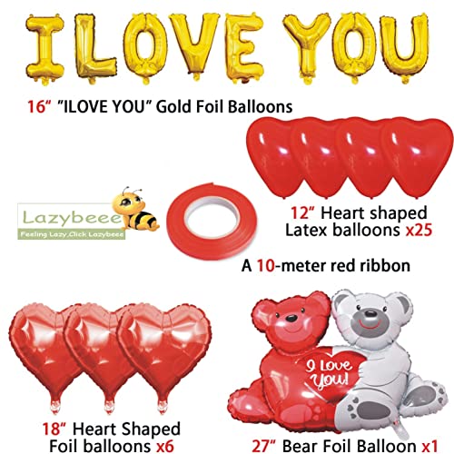 Lazybeee Valentines Balloons, Includes "I LOVE YOU" Balloon Cardstock, Teddy Bear Balloon, 32 Heart Balloons, Romantic Decorations Special Night, Valentine decoration - Image 3