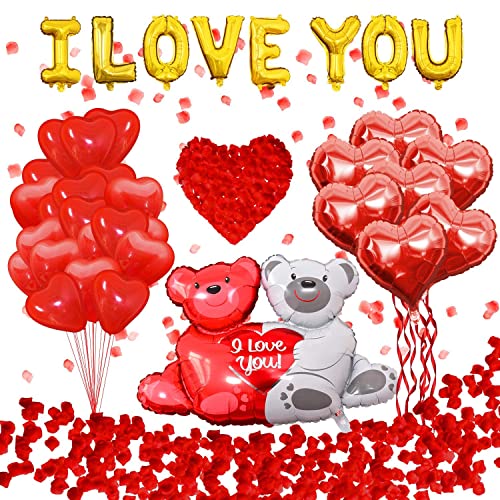 Lazybeee Valentines Balloons, Includes "I LOVE YOU" Balloon Cardstock, Teddy Bear Balloon, 32 Heart Balloons, Romantic Decorations Special Night, Valentine decoration - Image 1