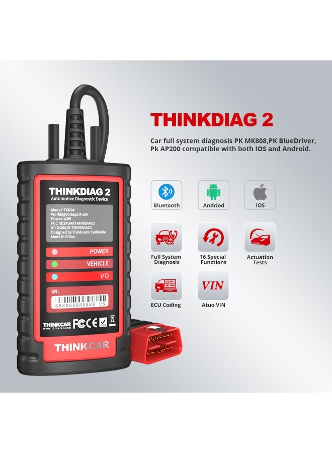 Thinkdiag2 Bidirectional OBD2 Diagnostic Scanner for All Systems for iOS and Android, Bluetooth 5.0 with CAN FD Protocol, AutoVIN, Active Test, Over 15 Reset Functions, ECU Coding