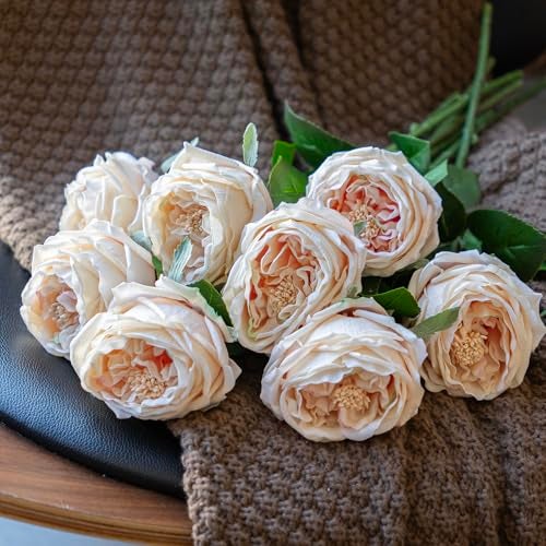 DUYONE Fake Flowers for Decoration Home Decor Real Touch Artificial Flowers Austin Rose Peony Latex Fake Flower Living Room Decoration Vivid Pink Roses Peonies (Champagne 4pcs) - Image 5