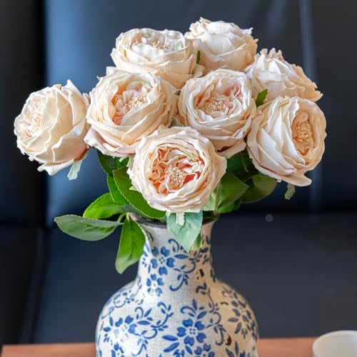 DUYONE Fake Flowers for Decoration Home Decor Real Touch Artificial Flowers Austin Rose Peony Latex Fake Flower Living Room Decoration Vivid Pink Roses Peonies (Champagne 4pcs) - Image 3