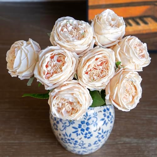 DUYONE Fake Flowers for Decoration Home Decor Real Touch Artificial Flowers Austin Rose Peony Latex Fake Flower Living Room Decoration Vivid Pink Roses Peonies (Champagne 4pcs) - Image 1