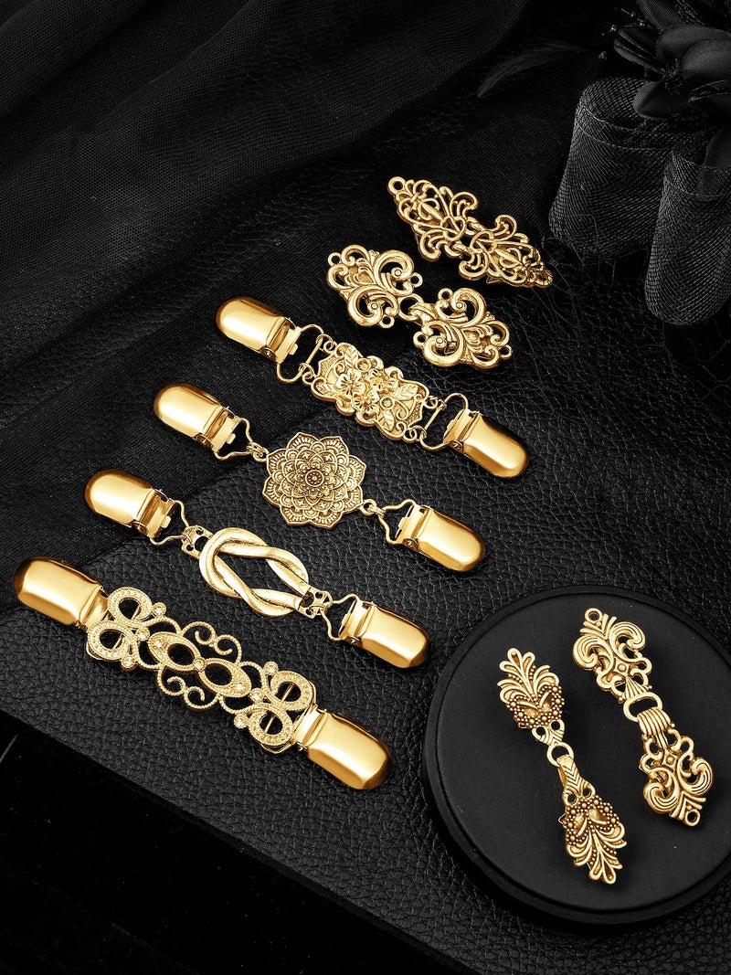 Juinte 8 Pcs Vintage Sweater Cinch Clips to Tighten Dress Pant Waist Retro Shirt Shawl Cardigan Collar Brooch Clips for Women(Gold) - Image 4