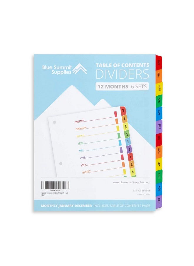 Blue Summit Supplies 12 Month Dividers For Binders, Jan To Dec Monthly Tabs, Includes Customizable Table Of Contents Index, 6 Sets  - Image 1