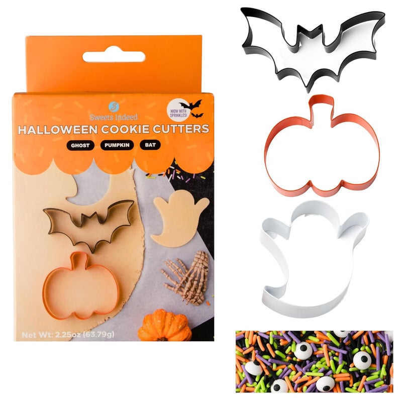 Sweets Indeed Halloween Cookie Cutters with Sprinkle Mix & Candy Eyeballs – 2 oz Sprinkles + 3 Food-Safe Cookie Cutters (Pumpkin, Ghost, Bat) | Halloween Baking & Decorating Kit - Image 1