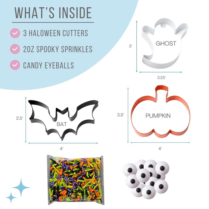 Sweets Indeed Halloween Cookie Cutters with Sprinkle Mix & Candy Eyeballs – 2 oz Sprinkles + 3 Food-Safe Cookie Cutters (Pumpkin, Ghost, Bat) | Halloween Baking & Decorating Kit - Image 2
