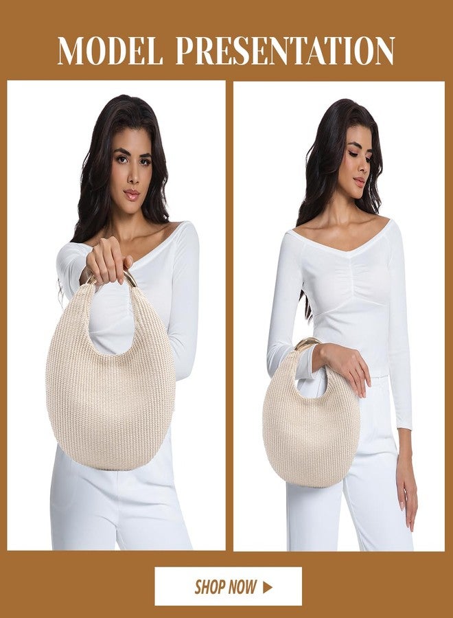 PHILOMENA Straw Bag for Women Crescent Bag, Boho Chic Summer Beach Braided Tote Purse Lightweight & Stylish Top Handle Handbag (Beige) - Image 3