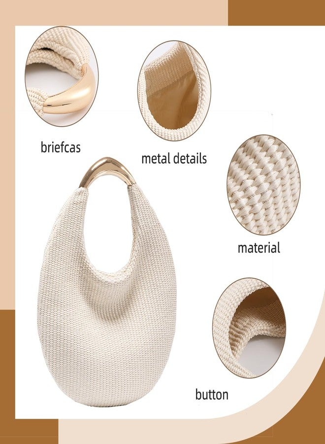 PHILOMENA Straw Bag for Women Crescent Bag, Boho Chic Summer Beach Braided Tote Purse Lightweight & Stylish Top Handle Handbag (Beige) - Image 5