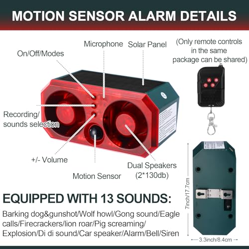 Qualirey 2 Pcs Solar Outdoor Motion Sensor Alarm Motion Sensor Animal Deterrent Dog Barking Alarm 13 Sound 130db Loud Noise Maker 4 Mode with USB Remote Control Support Recording Volume Adjustment - Image 2