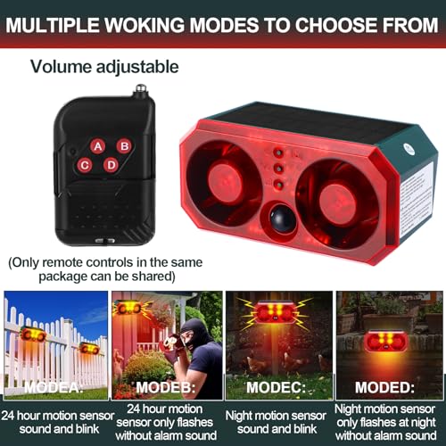 Qualirey 2 Pcs Solar Outdoor Motion Sensor Alarm Motion Sensor Animal Deterrent Dog Barking Alarm 13 Sound 130db Loud Noise Maker 4 Mode with USB Remote Control Support Recording Volume Adjustment - Image 4