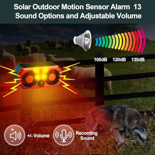 Qualirey 2 Pcs Solar Outdoor Motion Sensor Alarm Motion Sensor Animal Deterrent Dog Barking Alarm 13 Sound 130db Loud Noise Maker 4 Mode with USB Remote Control Support Recording Volume Adjustment - Image 3