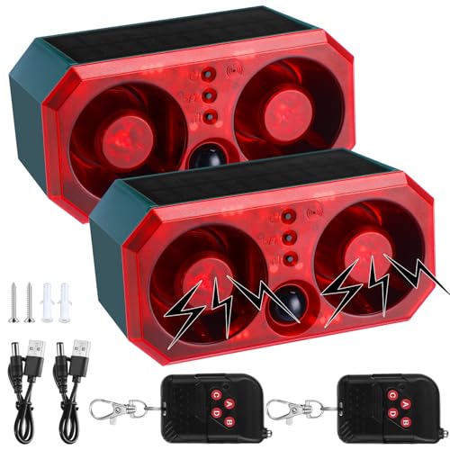 Qualirey 2 Pcs Solar Outdoor Motion Sensor Alarm Motion Sensor Animal Deterrent Dog Barking Alarm 13 Sound 130db Loud Noise Maker 4 Mode with USB Remote Control Support Recording Volume Adjustment - Image 1