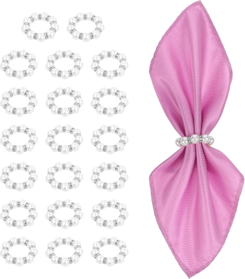 20 Pcs Pearl Napkin Rings Set, Imitation Pearl Napkin Rings Holder Rhinestone Beaded Serviette Buckles for Formal Wedding Dinner Home Banquet Table Decor Party Supplies(Silver)