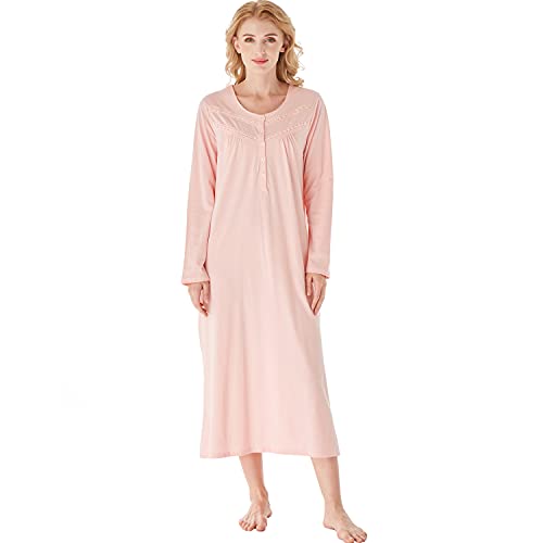 Keyocean Women Nightgowns, Soft Cotton Comfy Lightweight Long Sleeve Ladies Nightdress, Peach Color, Small (S) - Image 1