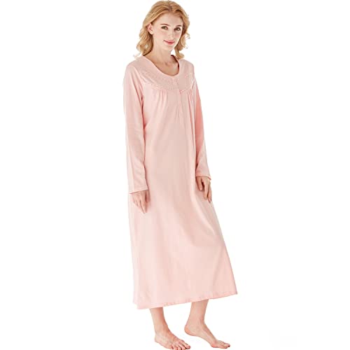 Keyocean Women Nightgowns, Soft Cotton Comfy Lightweight Long Sleeve Ladies Nightdress, Peach Color, Small (S) - Image 3