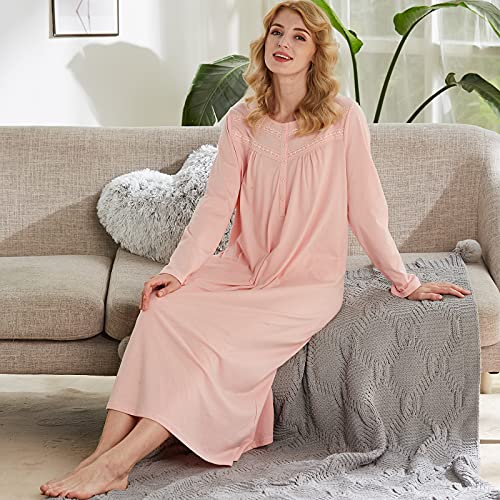 Keyocean Women Nightgowns, Soft Cotton Comfy Lightweight Long Sleeve Ladies Nightdress, Peach Color, Small (S) - Image 5