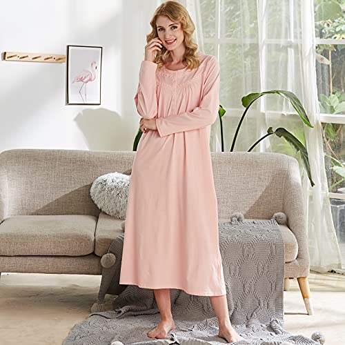Keyocean Women Nightgowns, Soft Cotton Comfy Lightweight Long Sleeve Ladies Nightdress, Peach Color, Small (S) - Image 4