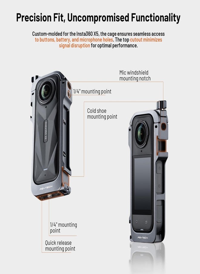 PGYTECH Camera Cage for Insta360 X5, Durable Aluminum Alloy Protective Case with Quick Release Knob, Built-in Cold Shoe Mounts and 1/4" Threads, Silicone Lens Cover Action Camera Frame - Image 2