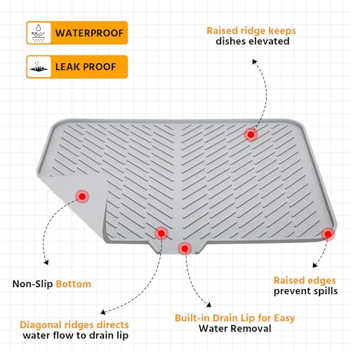 Luxet Silicone Dish Drying Mat with Built-in Drain Lip - Hygienic Drying Pad - Sturdy Compact Easy to Clean Tray Protects Surfaces Prevents Water Build Up - 23 X 17 (Grey) - Image 4