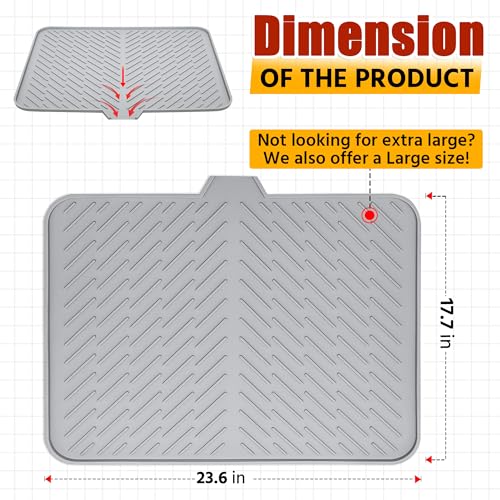 Luxet Silicone Dish Drying Mat with Built-in Drain Lip - Hygienic Drying Pad - Sturdy Compact Easy to Clean Tray Protects Surfaces Prevents Water Build Up - 23 X 17 (Grey) - Image 3