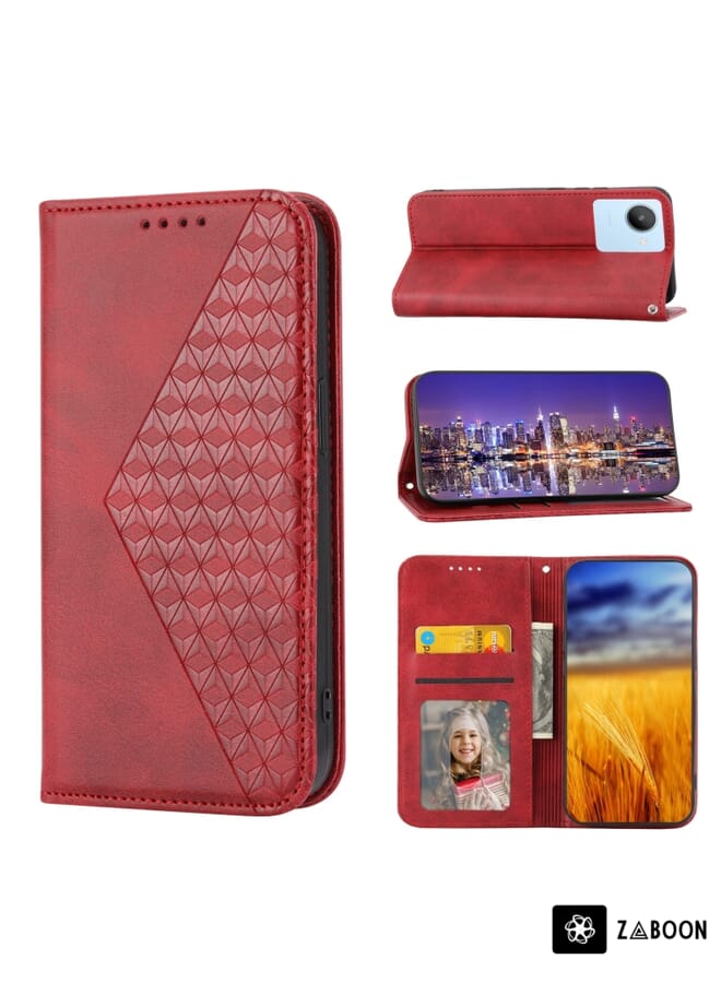 Zaboon Protective Case For Realme C35 Cubic Grid Calf Texture Magnetic Closure Leather - Image 1