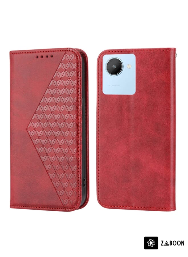 Zaboon Protective Case For Realme C35 Cubic Grid Calf Texture Magnetic Closure Leather - Image 2