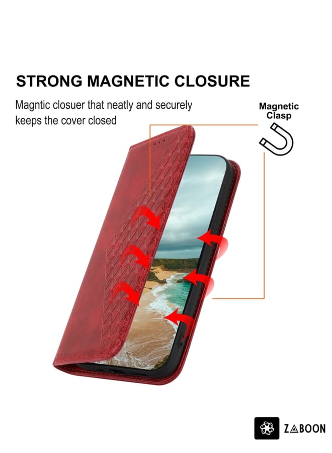 Zaboon Protective Case For Realme C35 Cubic Grid Calf Texture Magnetic Closure Leather - Image 5