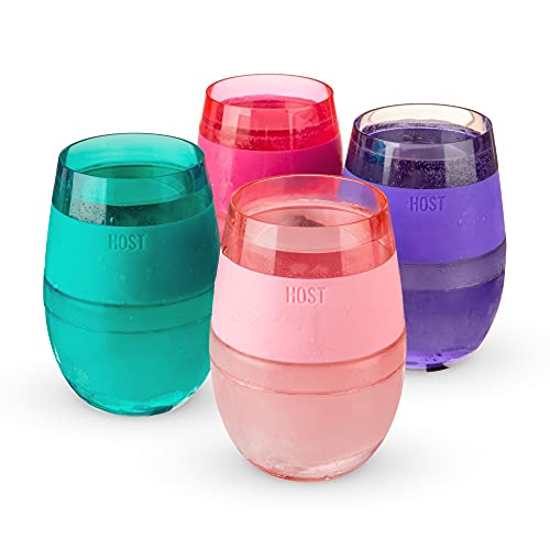 Host HOST Cooling Cup Set of 4 Plastic Double Wall Insulated Freezable Drink Chilling Tumbler with Freezing Gel Wine Glasses for Red and White Wine 85 oz Assorted Translucent Colors