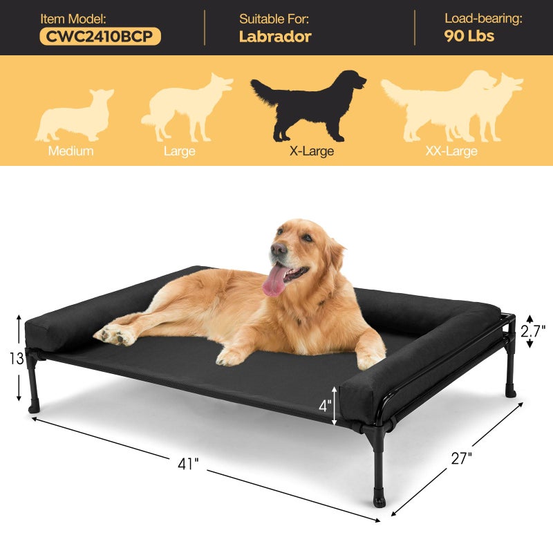 Veehoo Elevated Raised Dog Bed-Cooling Outdoor Dog Cot Bed for Large Sized Dogs Three-Sided Fence Raised Pet Cot with Mesh & No-Slip Feet Dog Hammock Bed with Removable Bolster-41 x 27" Black - Image 3