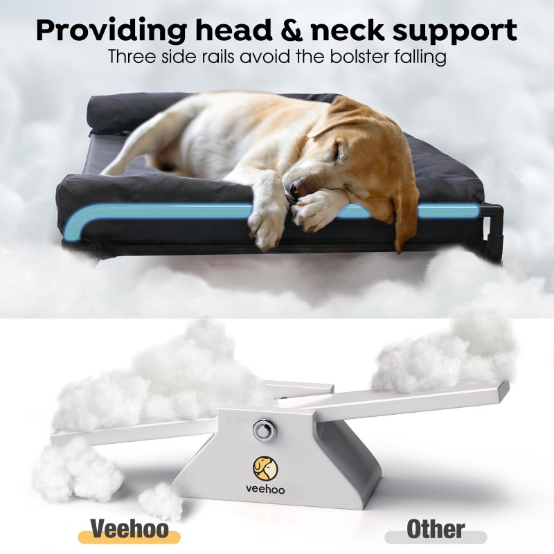Veehoo Elevated Raised Dog Bed-Cooling Outdoor Dog Cot Bed for Large Sized Dogs Three-Sided Fence Raised Pet Cot with Mesh & No-Slip Feet Dog Hammock Bed with Removable Bolster-41 x 27" Black - Image 4