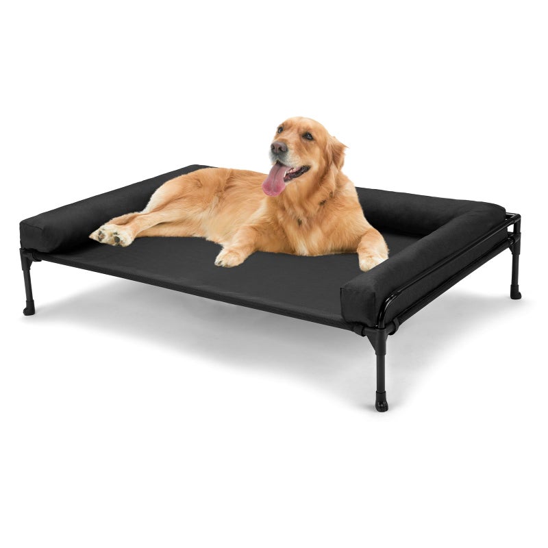 Veehoo Elevated Raised Dog Bed-Cooling Outdoor Dog Cot Bed for Large Sized Dogs Three-Sided Fence Raised Pet Cot with Mesh & No-Slip Feet Dog Hammock Bed with Removable Bolster-41 x 27" Black - Image 1