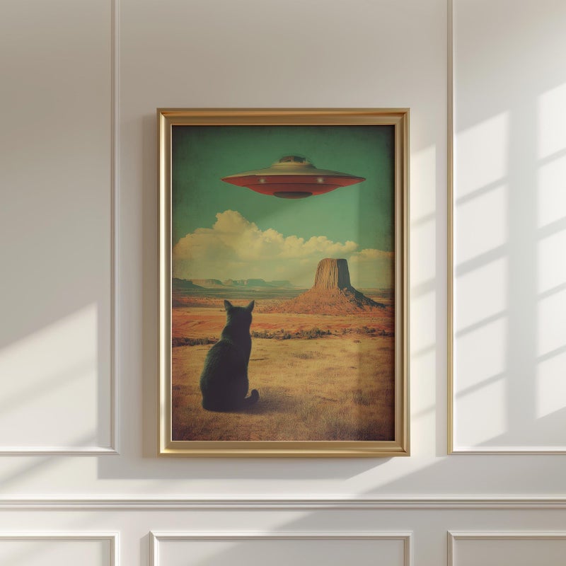 TNESSENTIAL Cat and UFO Desert Landscape Poster, Vintage Sci-Fi Style Print - Image 2