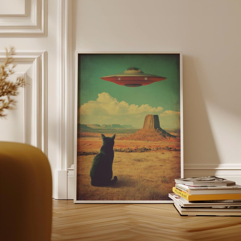 TNESSENTIAL Cat and UFO Desert Landscape Poster, Vintage Sci-Fi Style Print - Image 3
