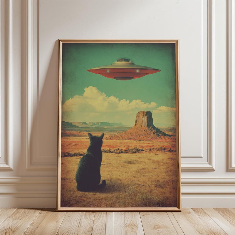 TNESSENTIAL Cat and UFO Desert Landscape Poster, Vintage Sci-Fi Style Print - Image 1