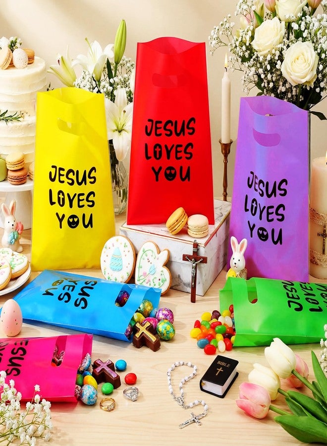 Cholemy 100 Pcs Jesus Loves You Treat Gift Bags with Handles 11.8 x 7.9 Inch Plastic Colorful Religious God Bless Bible Verse Cross Snack Goody Candy Bag for Easter Church First Communion Party Favor - Image 2