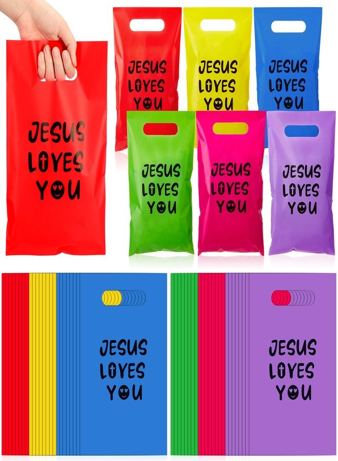 Cholemy 100 Pcs Jesus Loves You Treat Gift Bags with Handles 11.8 x 7.9 Inch Plastic Colorful Religious God Bless Bible Verse Cross Snack Goody Candy Bag for Easter Church First Communion Party Favor - Image 1
