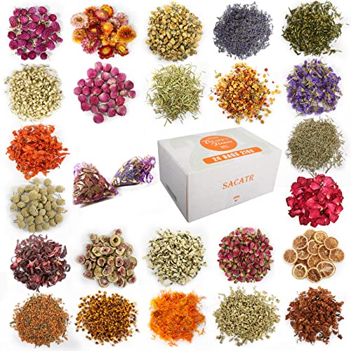 SACATR 24 Bags Dried Flowers100 Natural Dried Flowers Herbs Kit for Soap Making DIY Candle MakingBath  Include Rose PetalsLavenderDont Forget MeLiliumJasmineRosebudsand More 