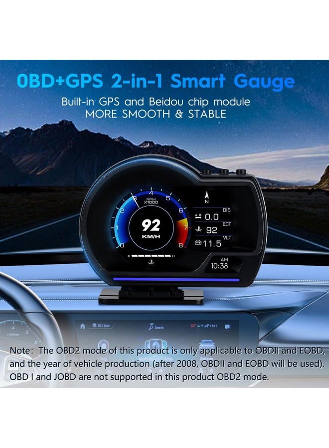 Ofeace Heads Up Display for Cars, Car HUD, OBD + GPS Dual System Digital Speedometer for Car, OBD2 Gauge Display with Water TEM, Volt, Mileage, Overspeed & Fatigue Driving Alarm,RPM,Works Great for Most Cars - Image 2