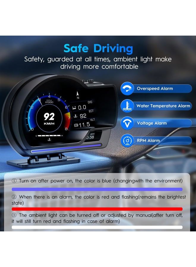 Ofeace Heads Up Display for Cars, Car HUD, OBD + GPS Dual System Digital Speedometer for Car, OBD2 Gauge Display with Water TEM, Volt, Mileage, Overspeed & Fatigue Driving Alarm,RPM,Works Great for Most Cars - Image 4
