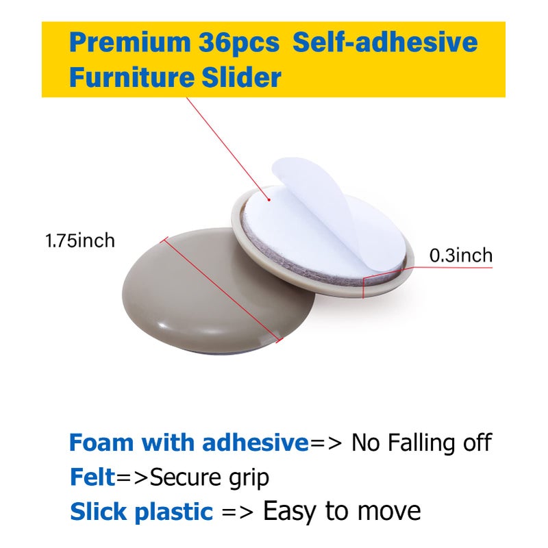 Kayzn Self-Adhesive Furniture Sliders for Carpets, Furniture Moving Pads (36Pcs) 1-3/4" Furniture Mover Glides, Self Sticks Carpet Furniture Carrier - Move Any Item Quickly and Easily! - Image 2