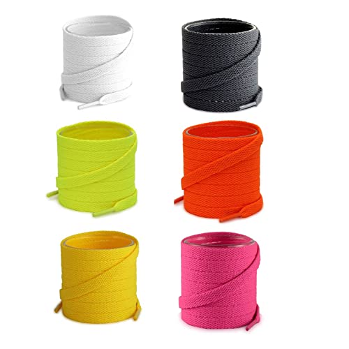 Lify Flat Shoelaces - 8MM (5/16" Inch) Wide - Shoe Laces for All Types Shoes & Sneakers- Vibrant Colors: - Set of 6 (90CM (35.43'' Inch), White, Dark Grey, Florescent, Orange, Yellow & Hot Pink) - Image 1