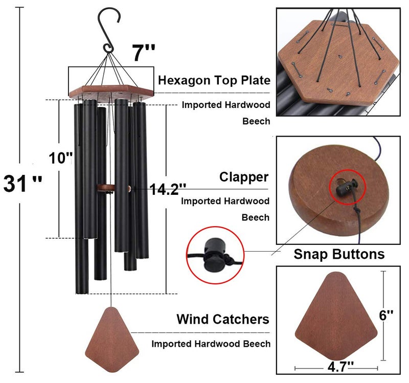 Reliancer Reliancer Memorial Wind Chime Outdoor Large Deep Tone Amazing Grace WindChime with 6 Aluminum Tubes Elegant Melodic Sympathy Chimes Windbell HomeGarden Decor Patio Balcony Gift 31 Black  - Image 2
