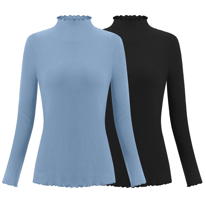 Herou 2 Pack Mock Turtleneck Tops for Women Ribbed Lettuce Trim Long Sleeve Undershirt Turtleneck Basic Layer Tops Winter Stretch Basic T Shirt Black, Haze Blue X-Large - Image 1