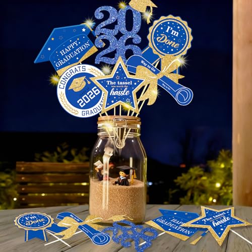 kockuu Graduation Decorations for Class of 202630pcs Glitter Blue Gold Graduation Table Centerpieces Sticks with LED String Lights for College High School 2026 Graduation Party Favors Supplies - Image 1
