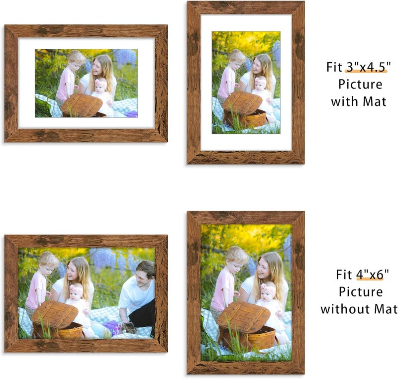 Picrit 4x6 Picture Frame Set of 12, Display 3.5x5 with Mat or 4x6 without Mat, Photo Frames for Wall Mounting or Table Top Display, Brown - Image 2