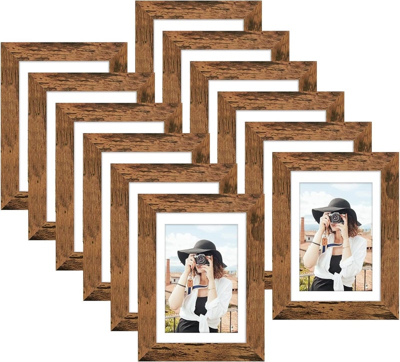 Picrit 4x6 Picture Frame Set of 12, Display 3.5x5 with Mat or 4x6 without Mat, Photo Frames for Wall Mounting or Table Top Display, Brown - Image 1