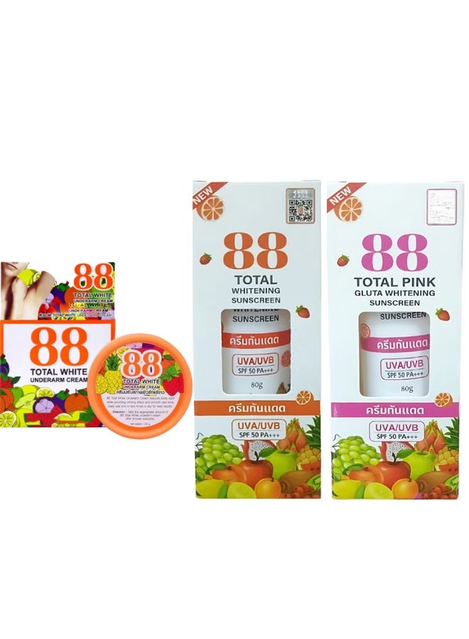 توتال وايت 88 كريم تحت الإبط & 88 توتال بينك جلوتا واقي الشمس المبيض بعامل 50 حماية من أشعة الشمس 80جرام & توتال وايت 88 واقي الشمس عامل 50 حماية من أشعة الشمس 80 جرام