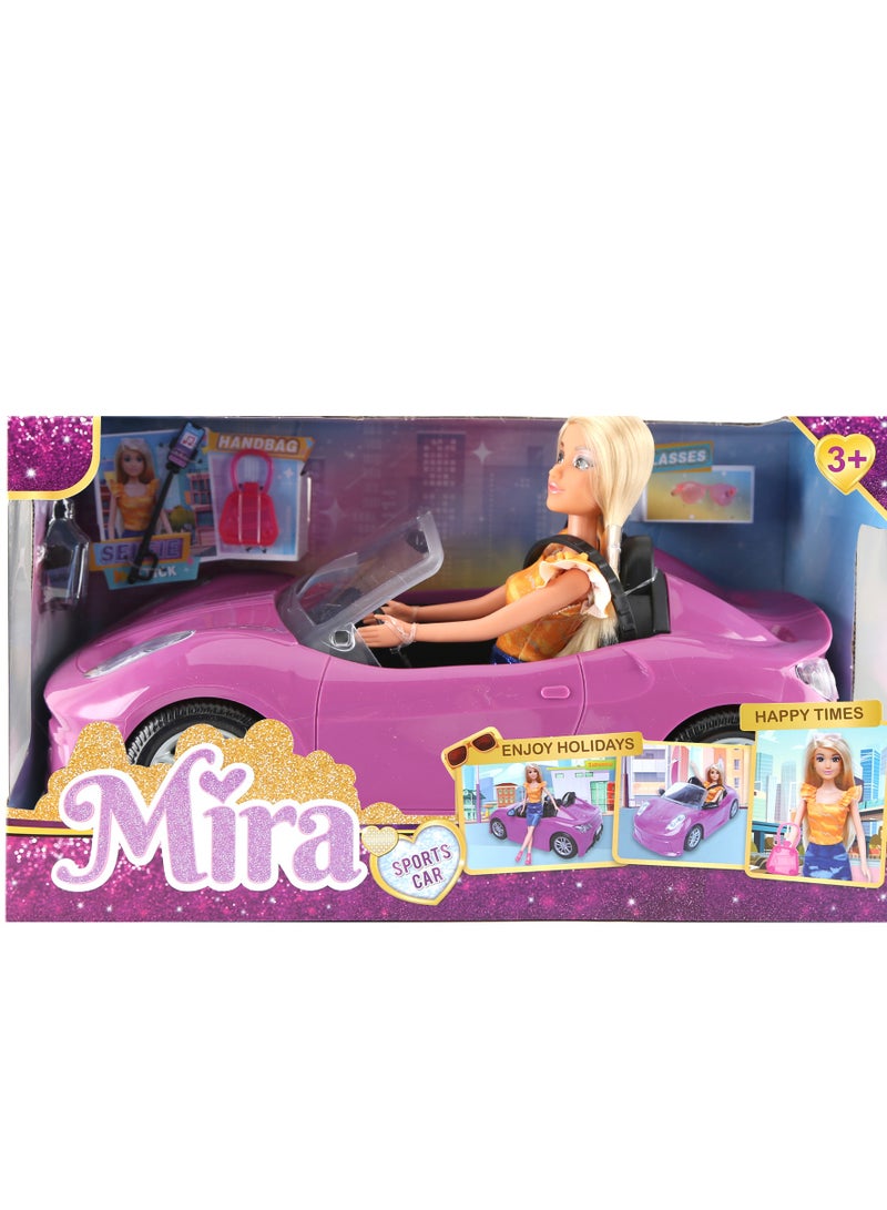 ميرا دمية ميرا فاشن مع سيارة رياضية – دمية متحركة 11.5 إنش مع سيارة مكشوفة وردية، طقم سيلفي وإكسسوارات أنيقة – طقم لعب فاخر للبنات اللعاب بنات - Image 1